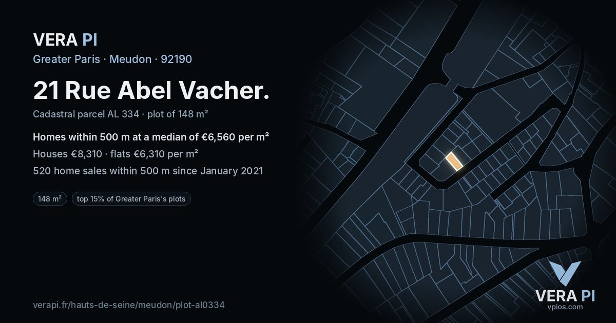21 Rue Abel Vacher, Meudon at night – the plot lit, the parcels around coloured by the prices near them