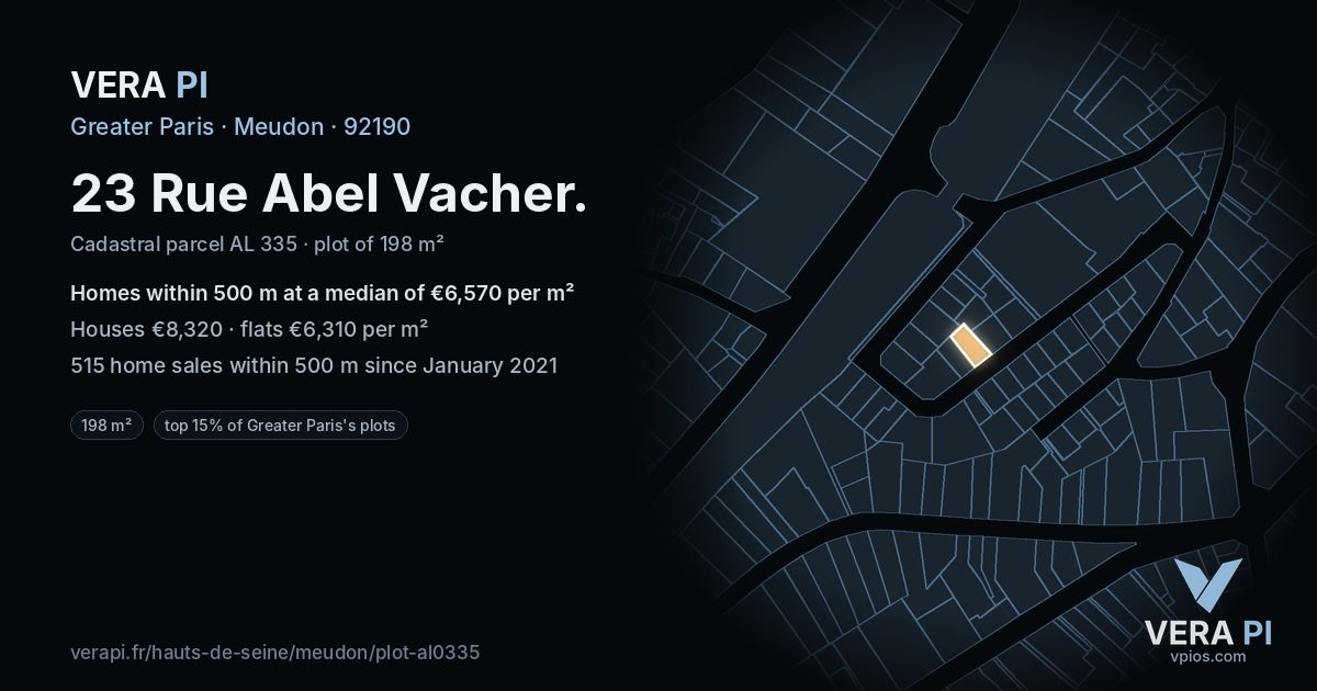 23 Rue Abel Vacher, Meudon at night – the plot lit, the parcels around coloured by the prices near them