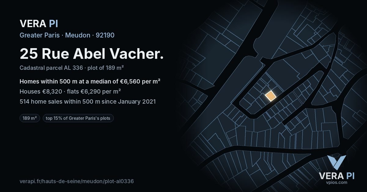 25 Rue Abel Vacher, Meudon at night – the plot lit, the parcels around coloured by the prices near them