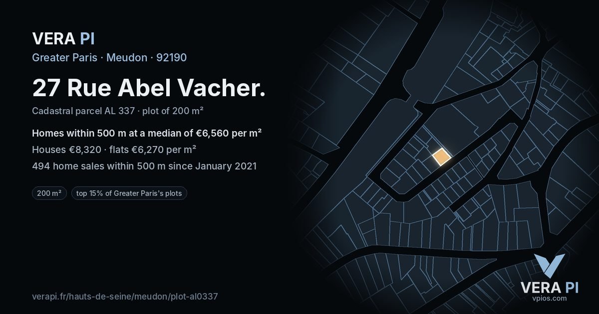 27 Rue Abel Vacher, Meudon at night – the plot lit, the parcels around coloured by the prices near them