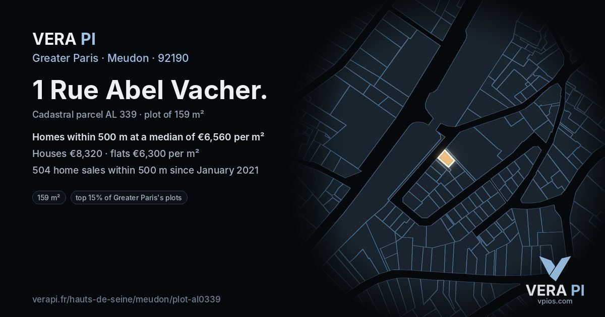 1 Rue Abel Vacher, Meudon at night – the plot lit, the parcels around coloured by the prices near them