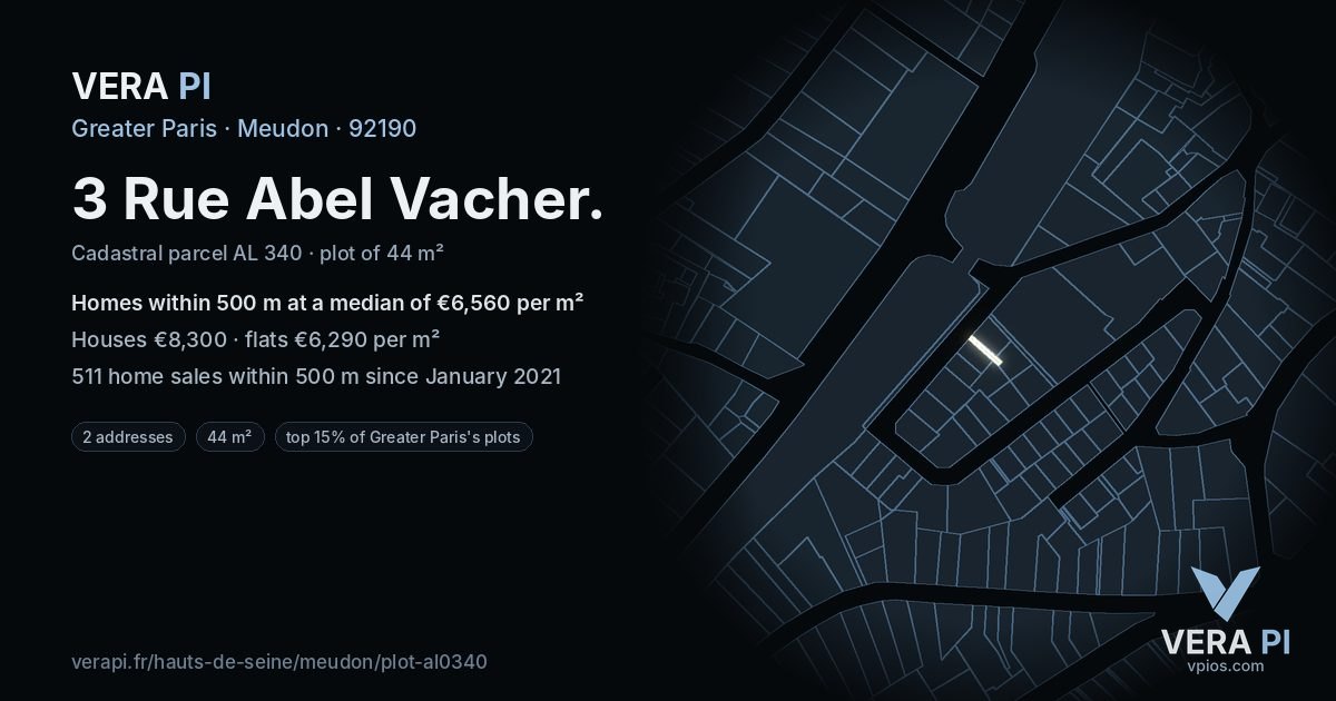 3 Rue Abel Vacher, Meudon at night – the plot lit, the parcels around coloured by the prices near them