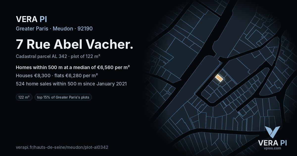 7 Rue Abel Vacher, Meudon at night – the plot lit, the parcels around coloured by the prices near them
