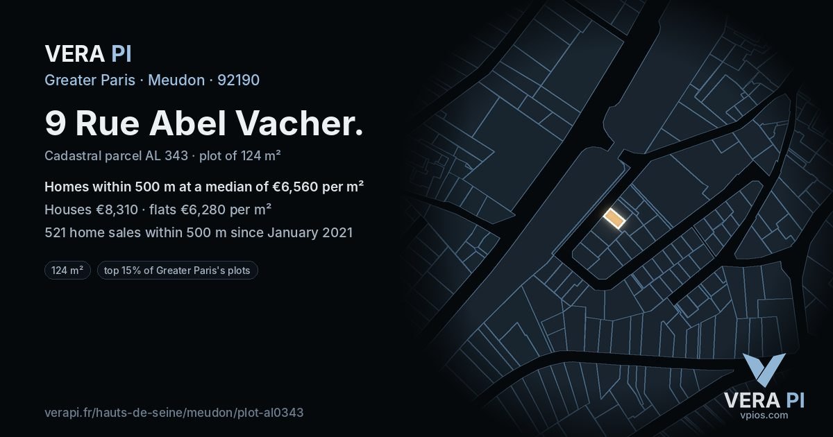 9 Rue Abel Vacher, Meudon at night – the plot lit, the parcels around coloured by the prices near them