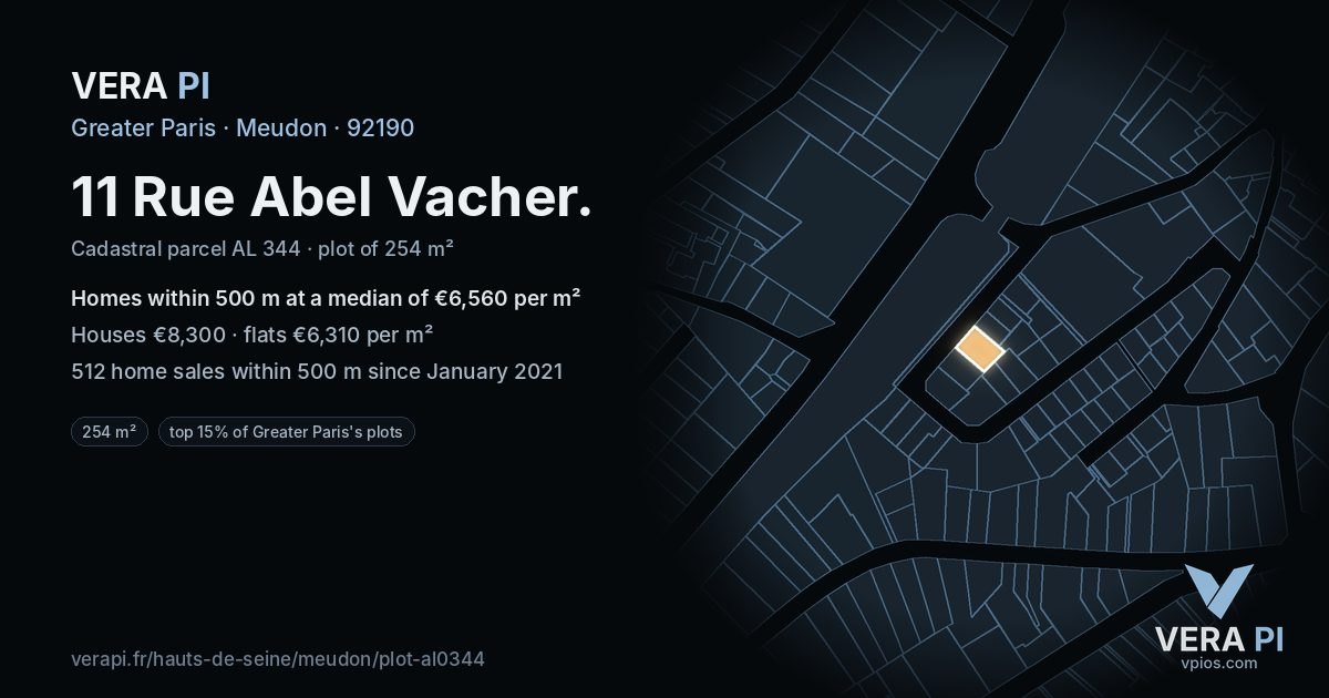 11 Rue Abel Vacher, Meudon at night – the plot lit, the parcels around coloured by the prices near them