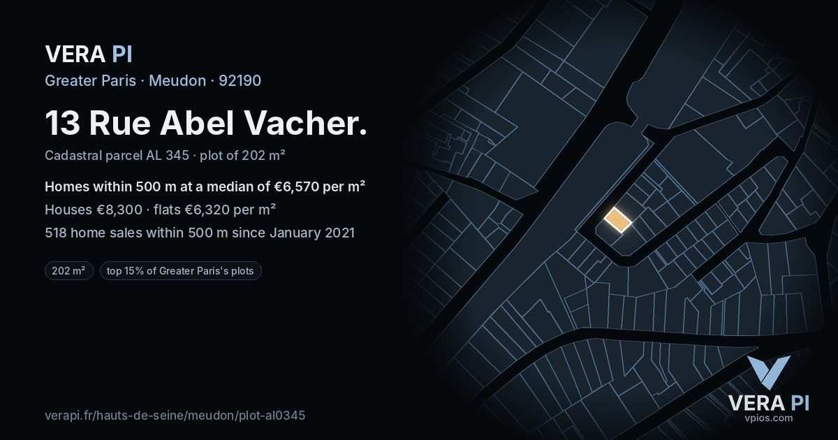 13 Rue Abel Vacher, Meudon at night – the plot lit, the parcels around coloured by the prices near them