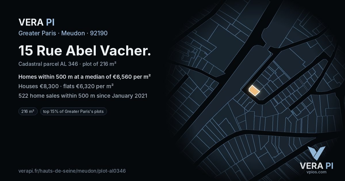 15 Rue Abel Vacher, Meudon at night – the plot lit, the parcels around coloured by the prices near them