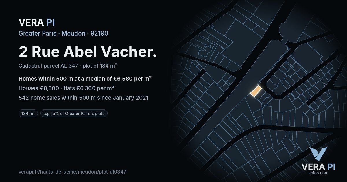 2 Rue Abel Vacher, Meudon at night – the plot lit, the parcels around coloured by the prices near them