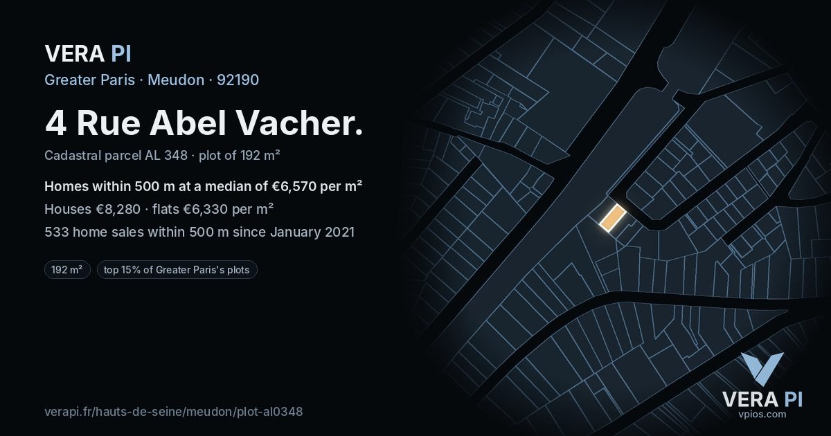 4 Rue Abel Vacher, Meudon at night – the plot lit, the parcels around coloured by the prices near them