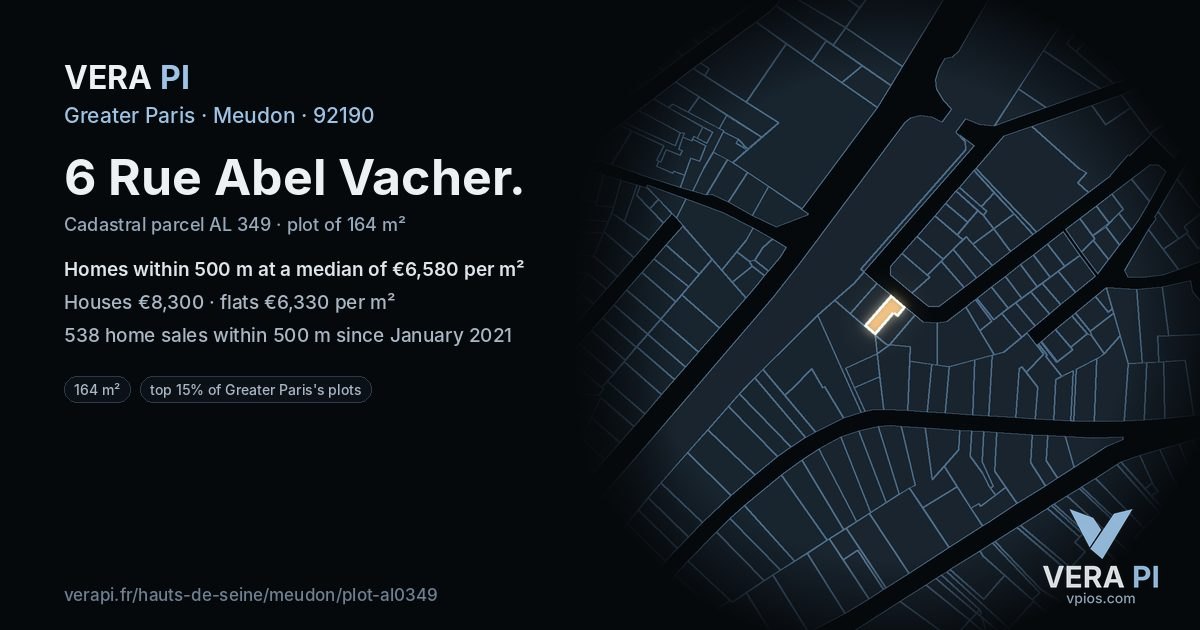 6 Rue Abel Vacher, Meudon at night – the plot lit, the parcels around coloured by the prices near them