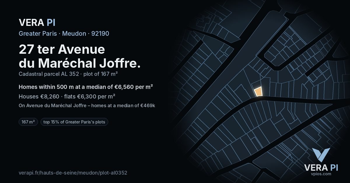 27 ter Avenue du Maréchal Joffre, Meudon at night – the plot lit, the parcels around coloured by the prices near them