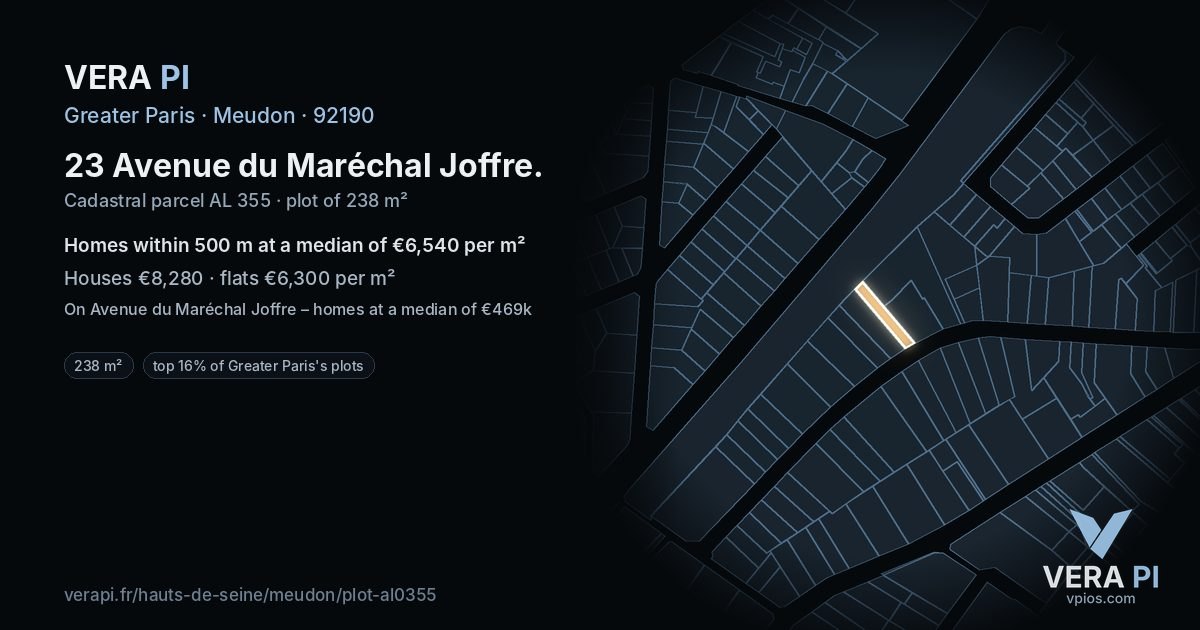 23 Avenue du Maréchal Joffre, Meudon at night – the plot lit, the parcels around coloured by the prices near them