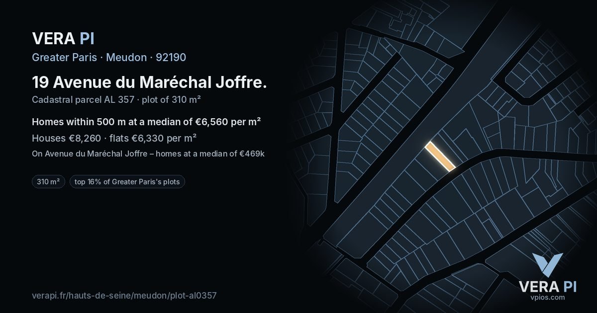 19 Avenue du Maréchal Joffre, Meudon at night – the plot lit, the parcels around coloured by the prices near them