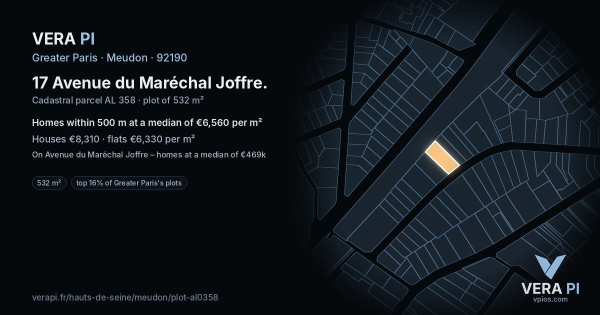 17 Avenue du Maréchal Joffre, Meudon at night – the plot lit, the parcels around coloured by the prices near them