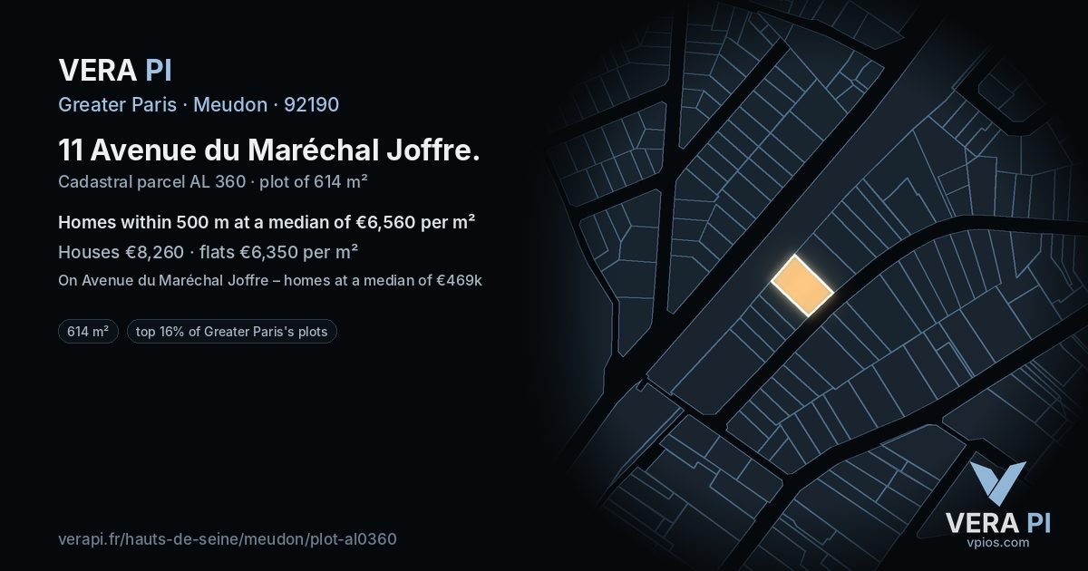 11 Avenue du Maréchal Joffre, Meudon at night – the plot lit, the parcels around coloured by the prices near them