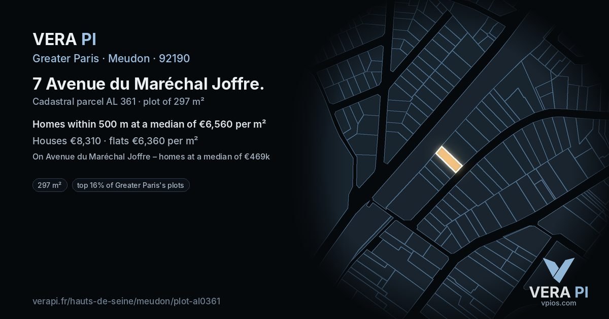 7 Avenue du Maréchal Joffre, Meudon at night – the plot lit, the parcels around coloured by the prices near them