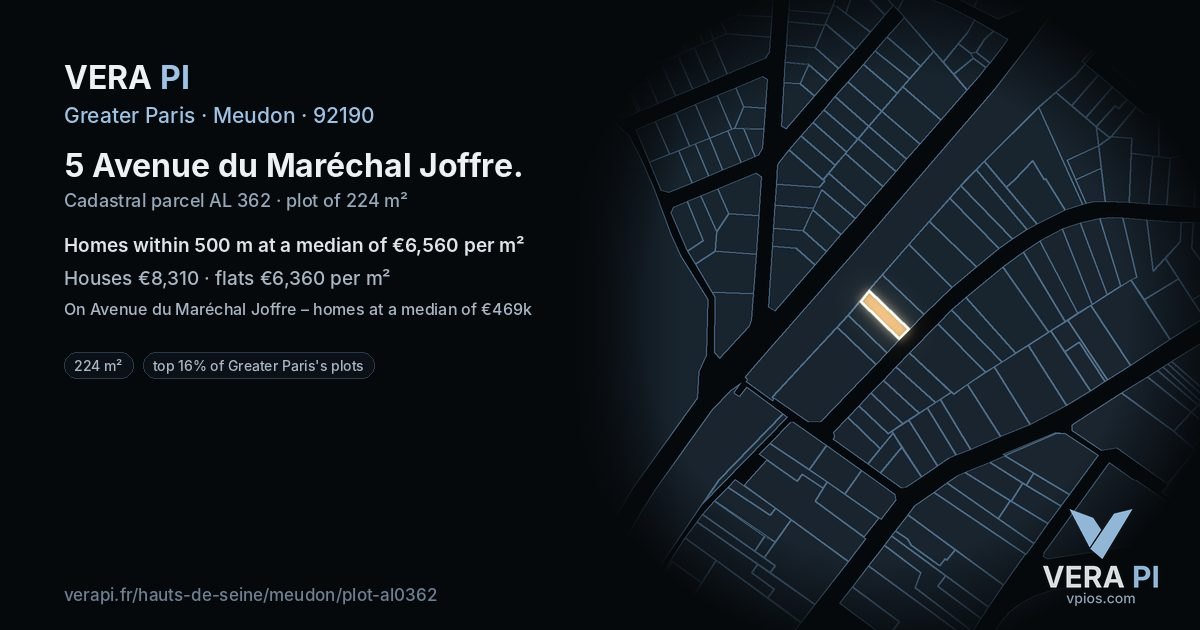 5 Avenue du Maréchal Joffre, Meudon at night – the plot lit, the parcels around coloured by the prices near them