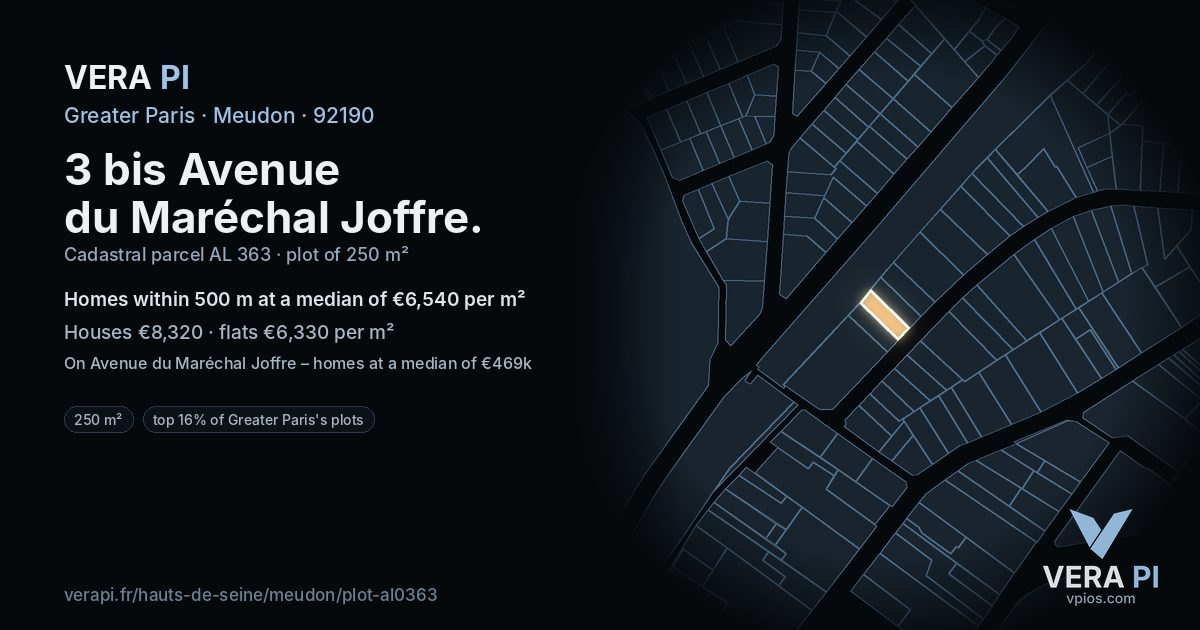 3 bis Avenue du Maréchal Joffre, Meudon at night – the plot lit, the parcels around coloured by the prices near them