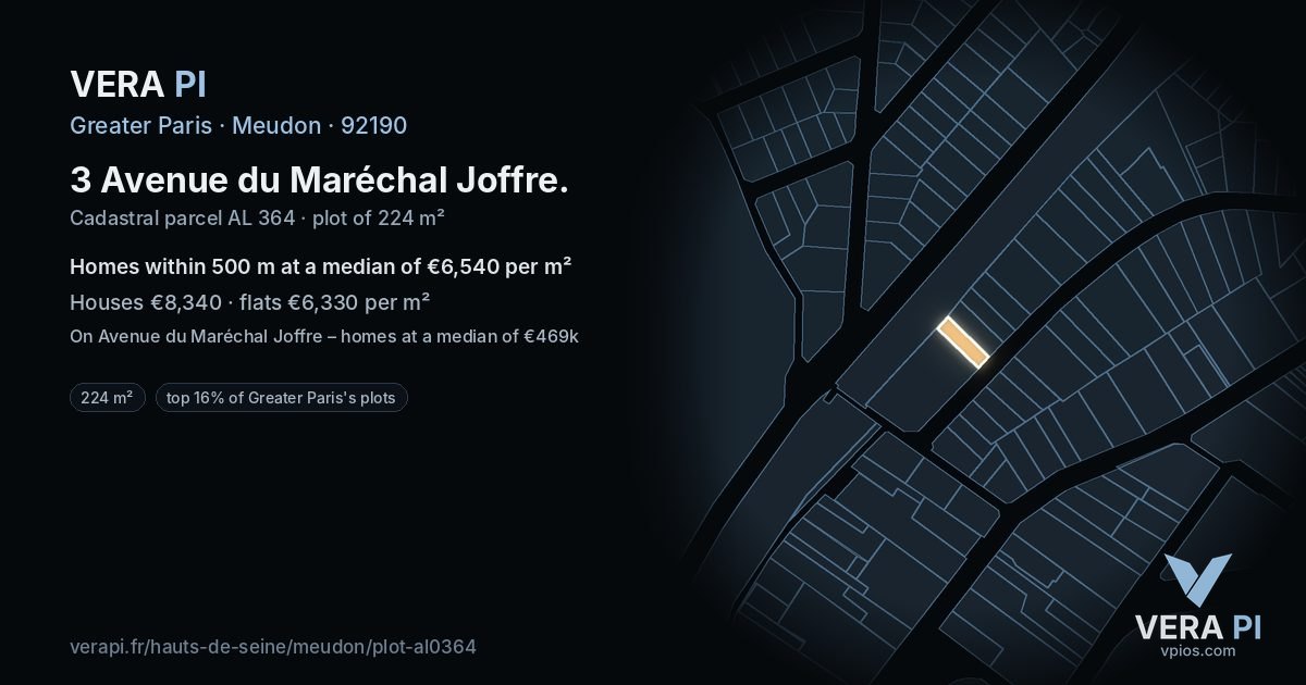 3 Avenue du Maréchal Joffre, Meudon at night – the plot lit, the parcels around coloured by the prices near them