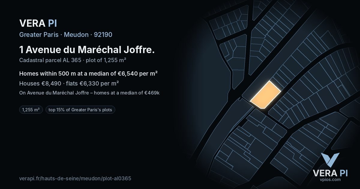 1 Avenue du Maréchal Joffre, Meudon at night – the plot lit, the parcels around coloured by the prices near them