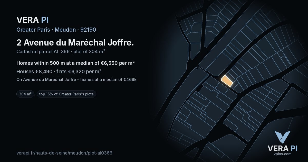 2 Avenue du Maréchal Joffre, Meudon at night – the plot lit, the parcels around coloured by the prices near them