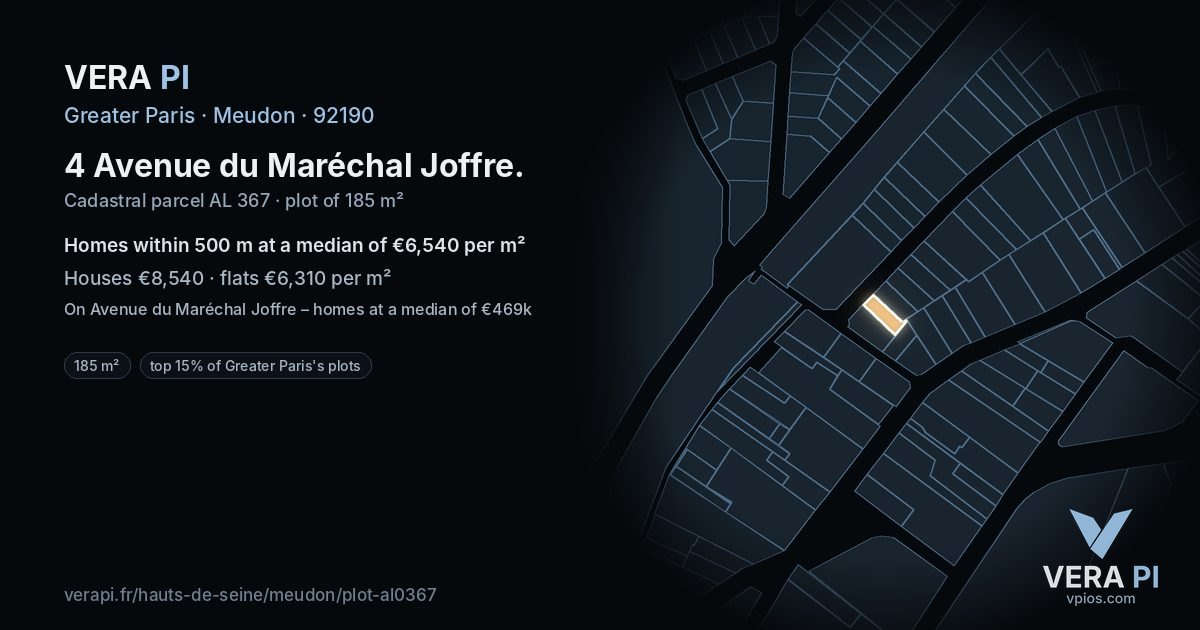 4 Avenue du Maréchal Joffre, Meudon at night – the plot lit, the parcels around coloured by the prices near them