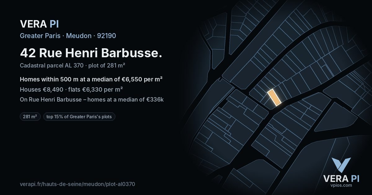 42 Rue Henri Barbusse, Meudon at night – the plot lit, the parcels around coloured by the prices near them