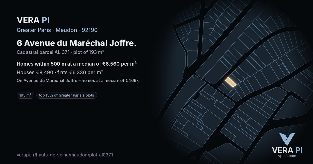 6 Avenue du Maréchal Joffre, Meudon at night – the plot lit, the parcels around coloured by the prices near them