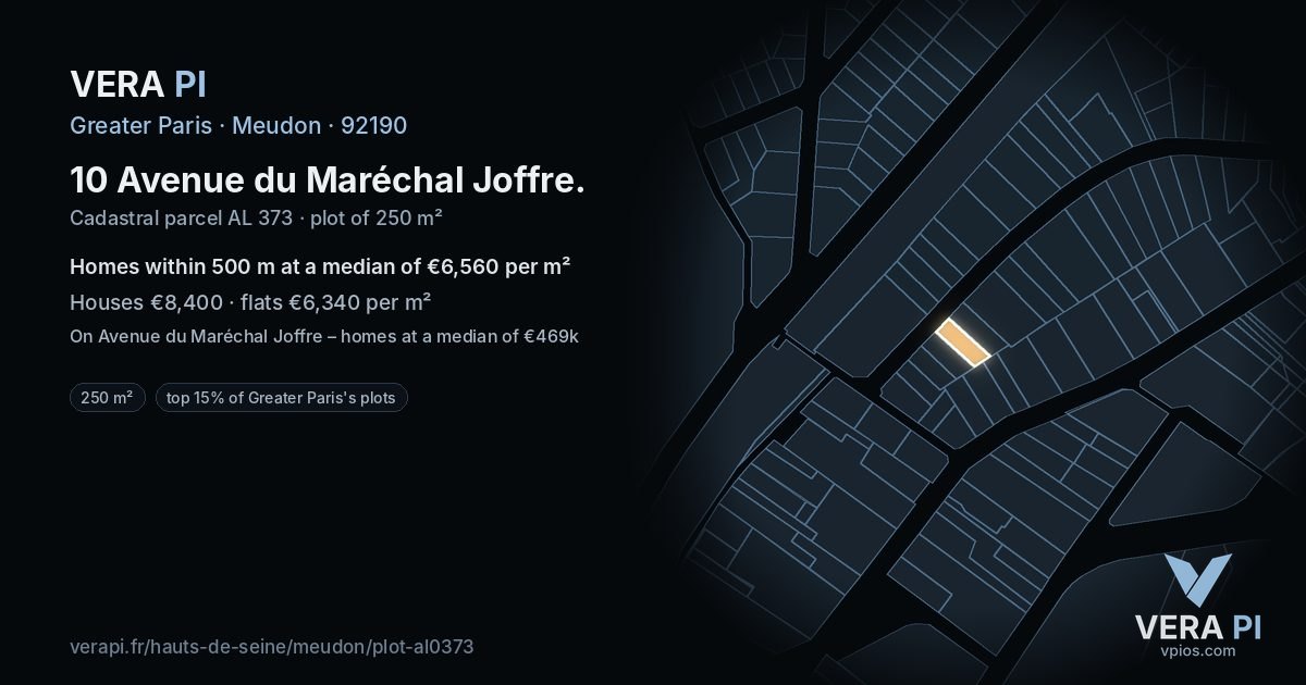 10 Avenue du Maréchal Joffre, Meudon at night – the plot lit, the parcels around coloured by the prices near them