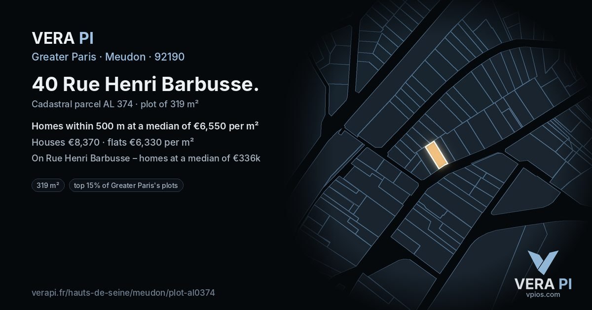 40 Rue Henri Barbusse, Meudon at night – the plot lit, the parcels around coloured by the prices near them