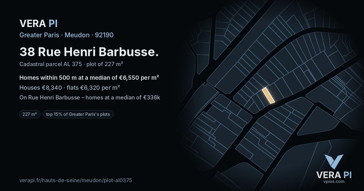38 Rue Henri Barbusse, Meudon at night – the plot lit, the parcels around coloured by the prices near them