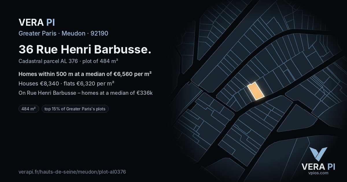 36 Rue Henri Barbusse, Meudon at night – the plot lit, the parcels around coloured by the prices near them