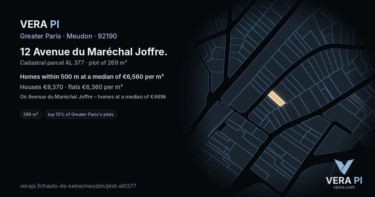 12 Avenue du Maréchal Joffre, Meudon at night – the plot lit, the parcels around coloured by the prices near them