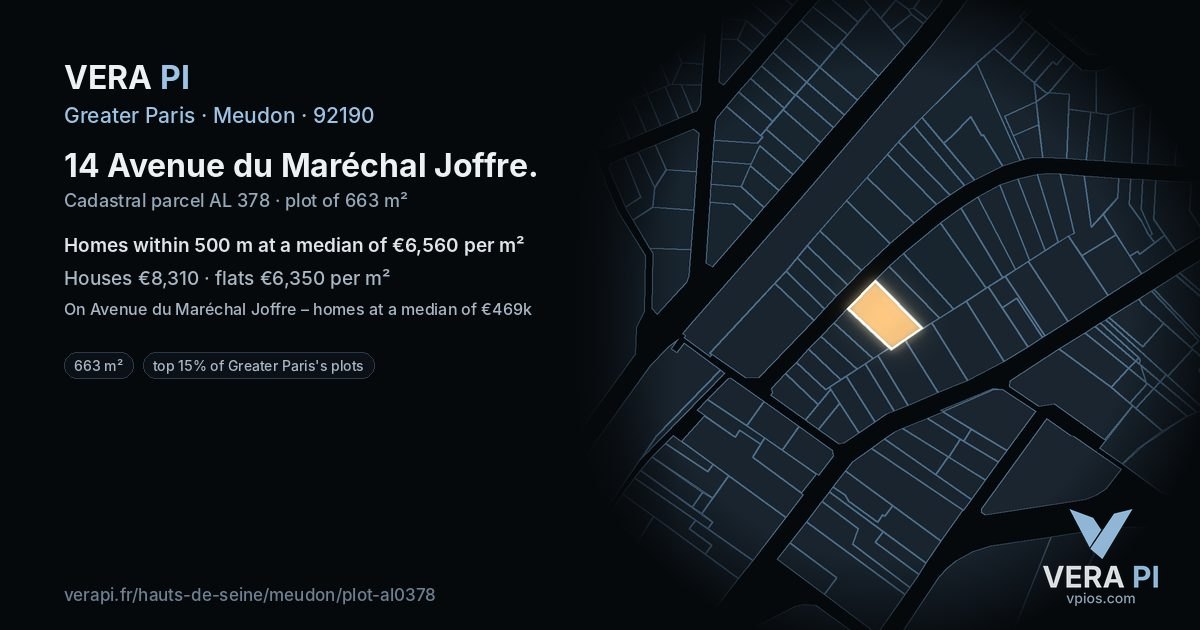 14 Avenue du Maréchal Joffre, Meudon at night – the plot lit, the parcels around coloured by the prices near them