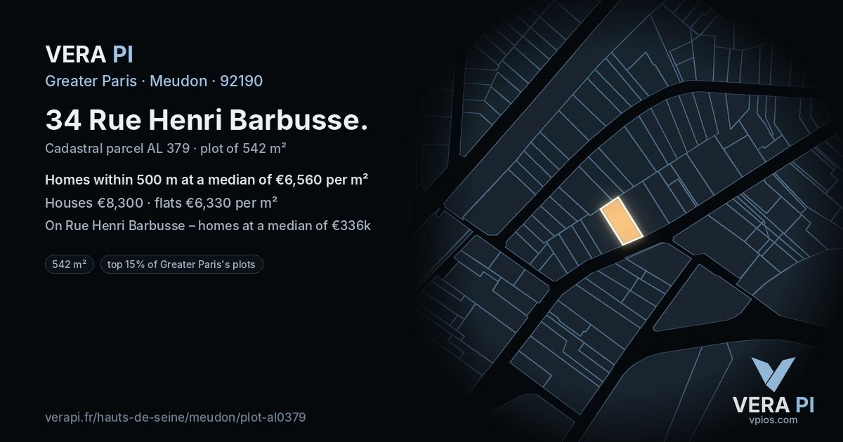 34 Rue Henri Barbusse, Meudon at night – the plot lit, the parcels around coloured by the prices near them