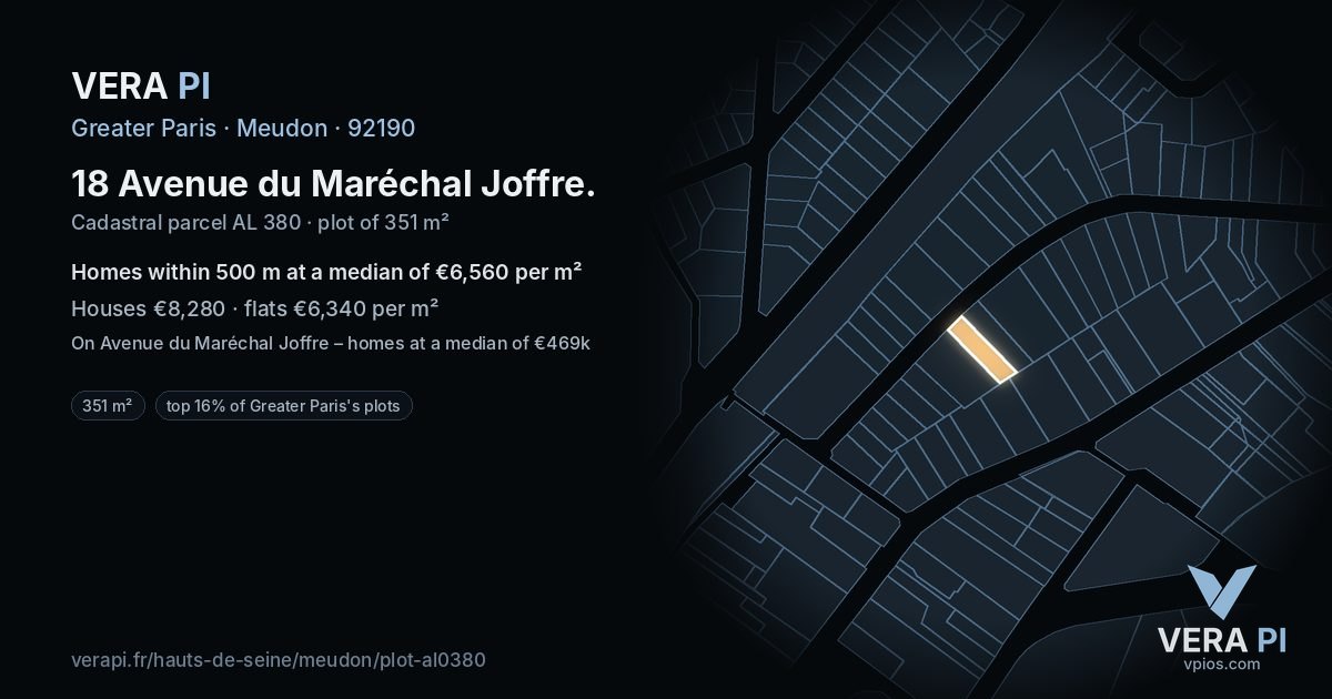 18 Avenue du Maréchal Joffre, Meudon at night – the plot lit, the parcels around coloured by the prices near them