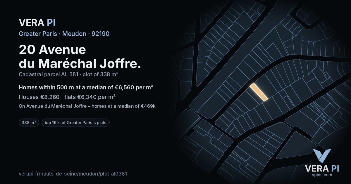 20 Avenue du Maréchal Joffre, Meudon at night – the plot lit, the parcels around coloured by the prices near them
