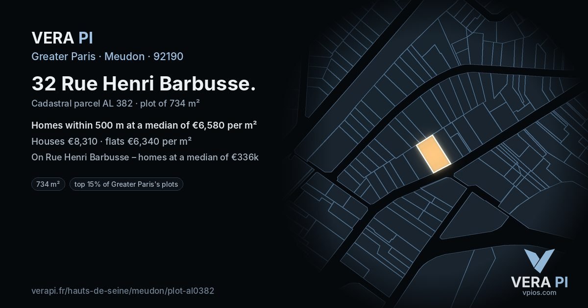 32 Rue Henri Barbusse, Meudon at night – the plot lit, the parcels around coloured by the prices near them