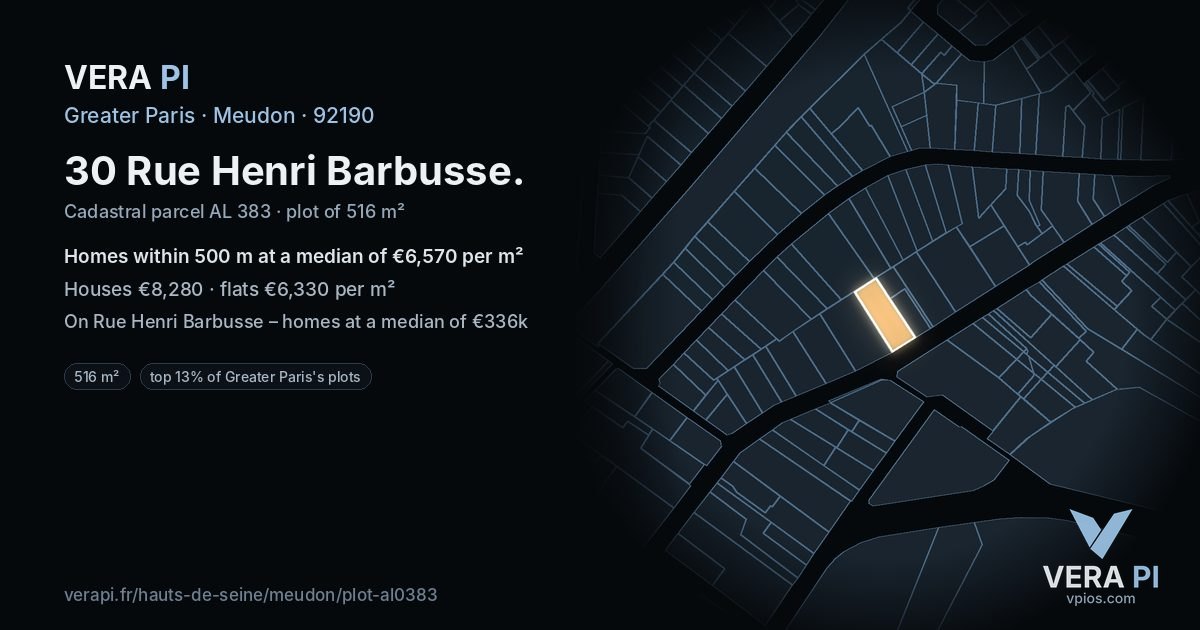 30 Rue Henri Barbusse, Meudon at night – the plot lit, the parcels around coloured by the prices near them