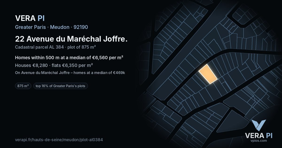 22 Avenue du Maréchal Joffre, Meudon at night – the plot lit, the parcels around coloured by the prices near them