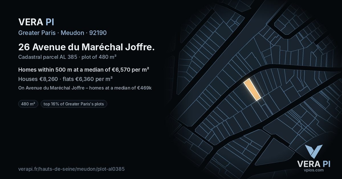 26 Avenue du Maréchal Joffre, Meudon at night – the plot lit, the parcels around coloured by the prices near them