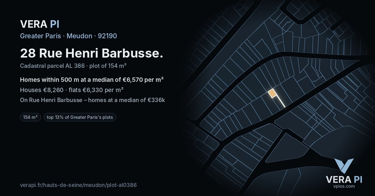 28 Rue Henri Barbusse, Meudon at night – the plot lit, the parcels around coloured by the prices near them