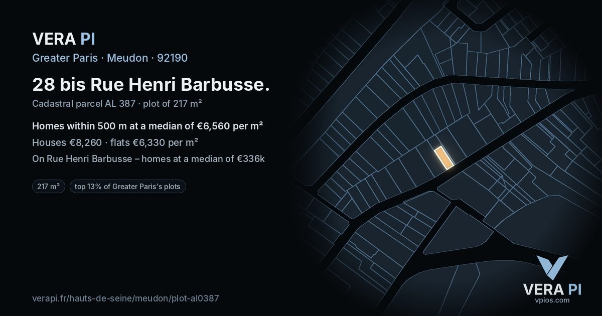 28 bis Rue Henri Barbusse, Meudon at night – the plot lit, the parcels around coloured by the prices near them