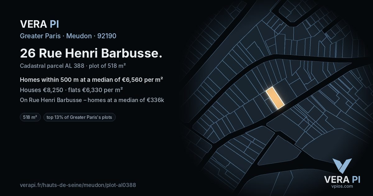 26 Rue Henri Barbusse, Meudon at night – the plot lit, the parcels around coloured by the prices near them