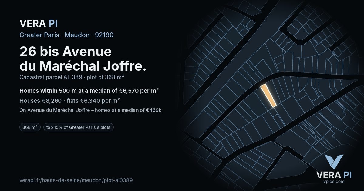26 bis Avenue du Maréchal Joffre, Meudon at night – the plot lit, the parcels around coloured by the prices near them