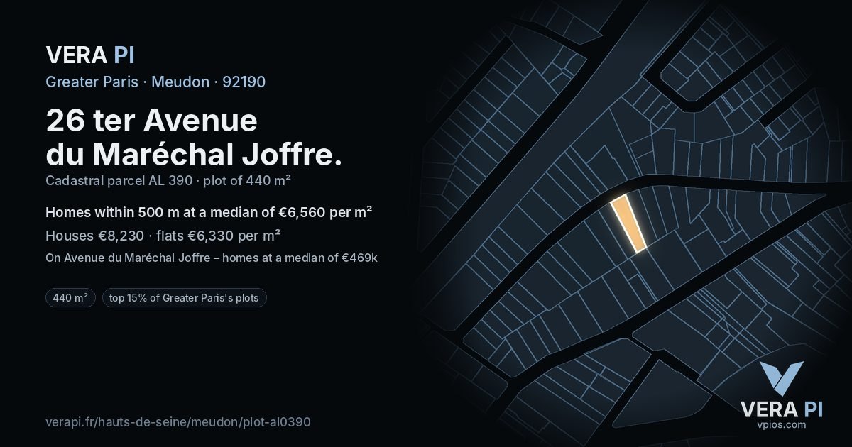 26 ter Avenue du Maréchal Joffre, Meudon at night – the plot lit, the parcels around coloured by the prices near them