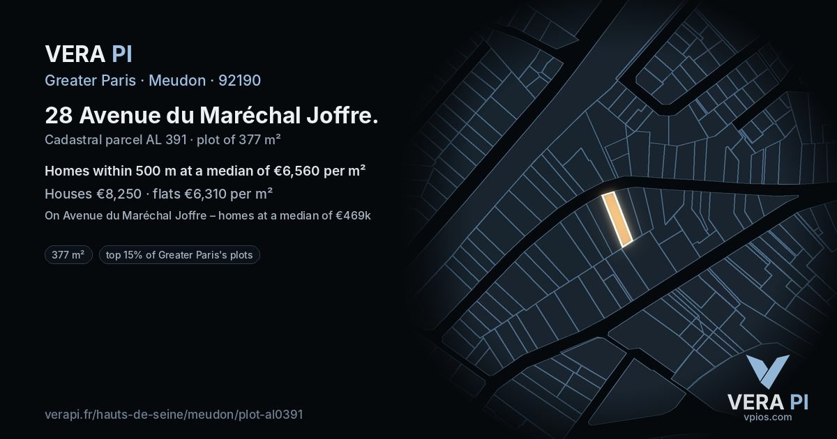 28 Avenue du Maréchal Joffre, Meudon at night – the plot lit, the parcels around coloured by the prices near them