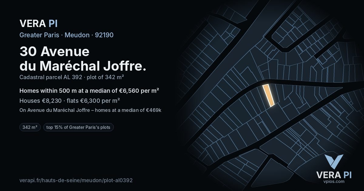 30 Avenue du Maréchal Joffre, Meudon at night – the plot lit, the parcels around coloured by the prices near them