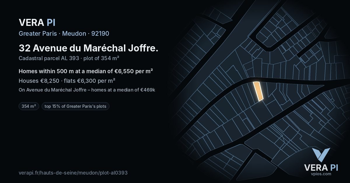32 Avenue du Maréchal Joffre, Meudon at night – the plot lit, the parcels around coloured by the prices near them