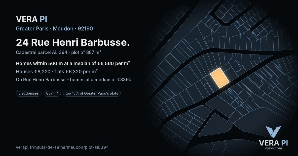 24 Rue Henri Barbusse, Meudon at night – the plot lit, the parcels around coloured by the prices near them